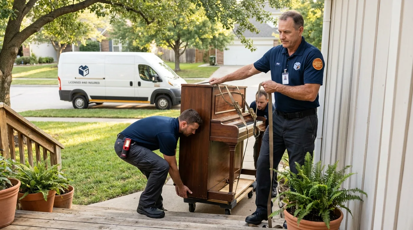 Licensed piano movers securing grand piano in Houma, LA