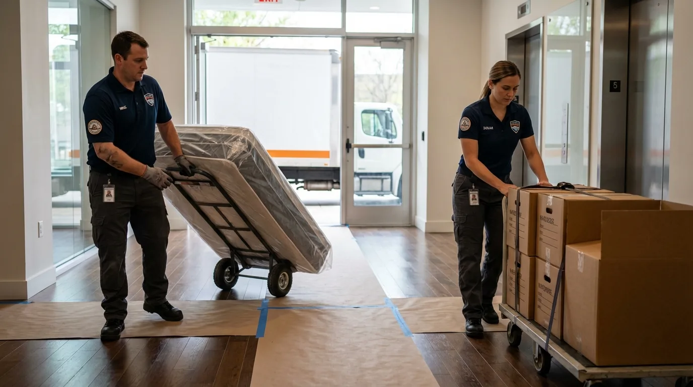 Professional apartment movers loading elevator in Houma, LA